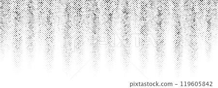 Halftone rippled grunge background. Faded grain gritty texture wallpaper. Black and white noise grit surface. Pixelated speckles, dots and particles overlay. Wavy dirty sand backdrop cover. Vector 119605842