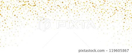 Falling down golden star confetti background. Splattered gold dotted glitter pattern. Yellow, orange, golden dot wallpaper. Christmas, New Year or birthday celebration party backdrop. Vector 119605867