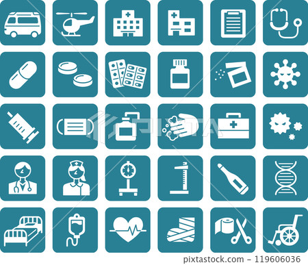 Illustration set of medical icons such as hospitals and medicines (white buttons) 119606036