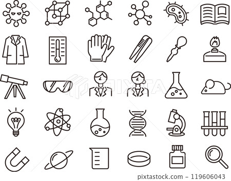 科學、研究和實驗圖標的插圖集（線圖） 119606043