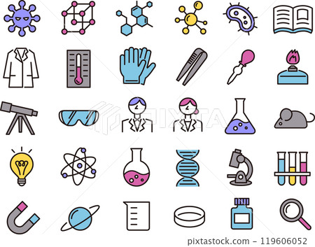 科學、研究和實驗圖標的插圖集（彩色線圖） 119606052