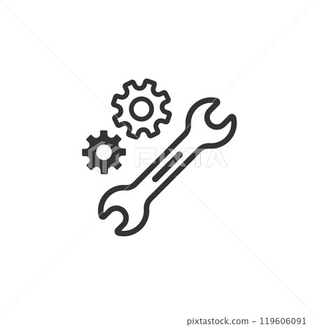 Spanner and gear icon (line drawing, black and white) 119606091