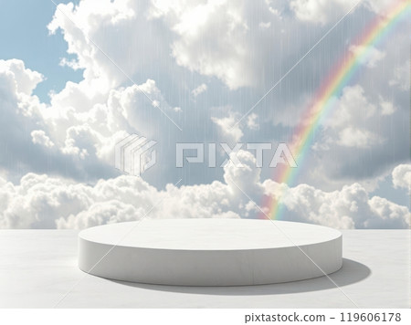 Cloud podium bathed in sunlight after rain, with a vibrant rainbow stretching across the sky. Cloud podium bathed in sunlight after rain, with a vibrant rainbow stretching across the sky. 119606178