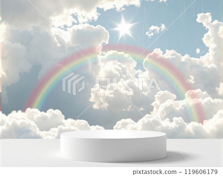 Cloud podium bathed in sunlight after rain, with a vibrant rainbow stretching across the sky. 119606179