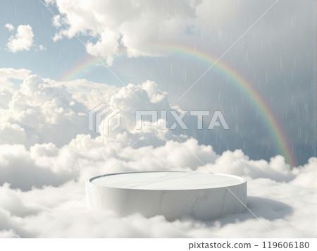 Cloud podium bathed in sunlight after rain, with a vibrant rainbow stretching across the sky. 119606180