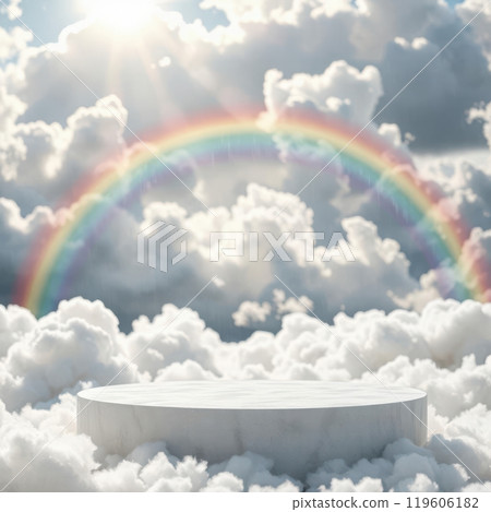 Cloud podium bathed in sunlight after rain, with a vibrant rainbow stretching across the sky. Cloud podium bathed in sunlight after rain, with a vibrant rainbow stretching across the sky. 119606182