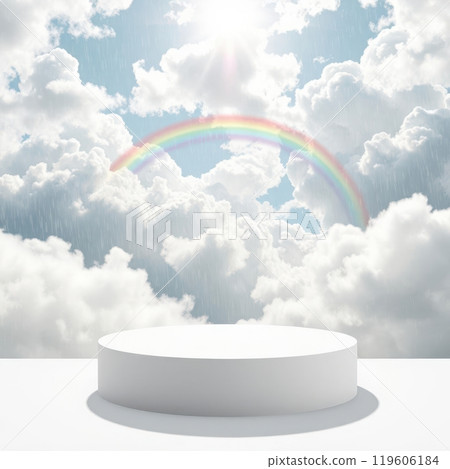 Cloud podium bathed in sunlight after rain, with a vibrant rainbow stretching across the sky. Cloud podium bathed in sunlight after rain, with a vibrant rainbow stretching across the sky. 119606184