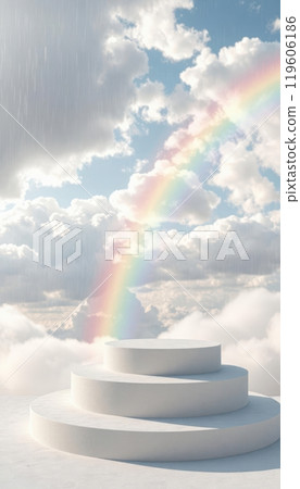 Cloud podium bathed in sunlight after rain, with a vibrant rainbow stretching across the sky. 119606186