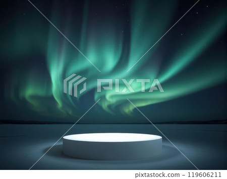 Cloud podium beneath the mesmerizing northern lights, perfect for magical product displays Cloud podium beneath the mesmerizing northern lights, perfect for magical product displays 119606211