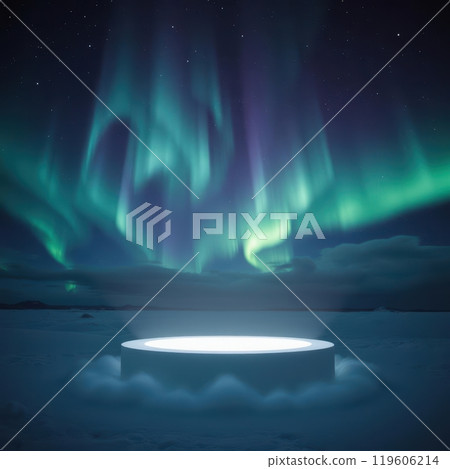 Cloud podium beneath the mesmerizing northern lights, perfect for magical product displays Cloud podium beneath the mesmerizing northern lights, perfect for magical product displays 119606214