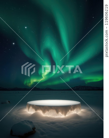 Cloud podium beneath the mesmerizing northern lights, perfect for magical product displays Cloud podium beneath the mesmerizing northern lights, perfect for magical product displays 119606219
