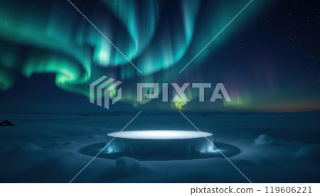 Cloud podium beneath the mesmerizing northern lights, perfect for magical product displays Cloud podium beneath the mesmerizing northern lights, perfect for magical product displays 119606221