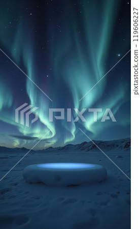 Cloud podium beneath the mesmerizing northern lights, perfect for magical product displays Cloud podium beneath the mesmerizing northern lights, perfect for magical product displays 119606227