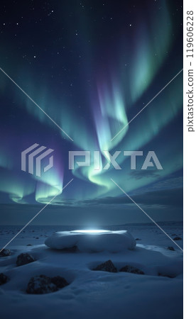 Cloud podium beneath the mesmerizing northern lights, perfect for magical product displays Cloud podium beneath the mesmerizing northern lights, perfect for magical product displays 119606228