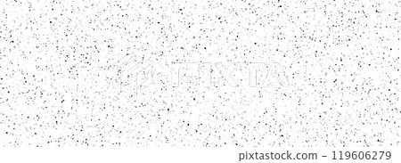 Dirty dotted seamless pattern. Black and white grunge sprinkles, particles, dust and splashes wallpaper. Distress noise grain repeating background. Random splattered gritty overlay texture. Vector 119606279