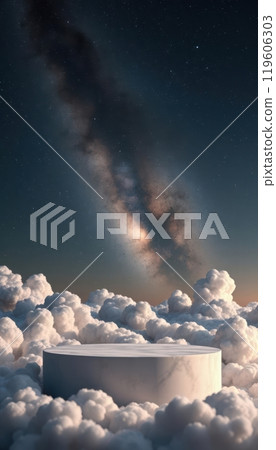 Cloud podium set beneath the Milky Way in a calm, starry night, perfect for dreamy product displays Cloud podium set beneath the Milky Way in a calm, starry night, perfect for dreamy product displays 119606303