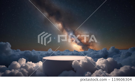 Cloud podium set beneath the Milky Way in a calm, starry night, perfect for dreamy product displays Cloud podium set beneath the Milky Way in a calm, starry night, perfect for dreamy product displays 119606304