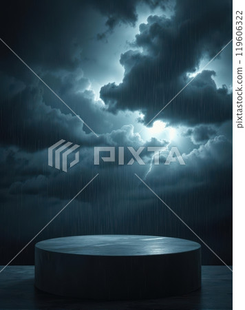 An intense cloud podium in a stormy sky lit by lightning strikes, ready for bold product displays An intense cloud podium in a stormy sky lit by lightning strikes, ready for bold product displays 119606322