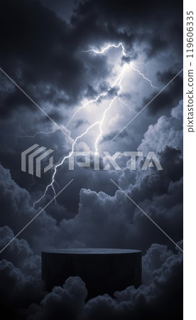 An intense cloud podium in a stormy sky lit by lightning strikes, ready for bold product displays 119606335