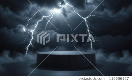 An intense cloud podium in a stormy sky lit by lightning strikes, ready for bold product displays An intense cloud podium in a stormy sky lit by lightning strikes, ready for bold product displays 119606337