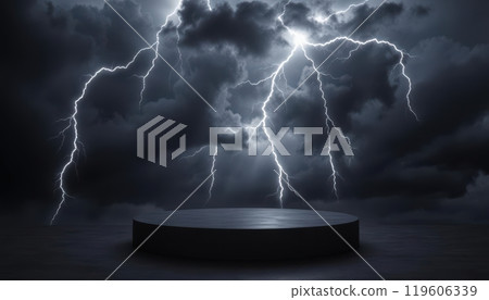 An intense cloud podium in a stormy sky lit by lightning strikes, ready for bold product displays An intense cloud podium in a stormy sky lit by lightning strikes, ready for bold product displays 119606339
