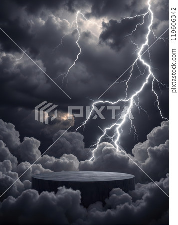 An intense cloud podium in a stormy sky lit by lightning strikes, ready for bold product displays An intense cloud podium in a stormy sky lit by lightning strikes, ready for bold product displays 119606342