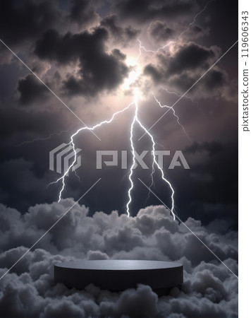 An intense cloud podium in a stormy sky lit by lightning strikes, ready for bold product displays An intense cloud podium in a stormy sky lit by lightning strikes, ready for bold product displays 119606343