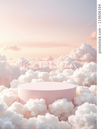 A cloud podium in a dreamy sky, perfect for serene product displays. A cloud podium in a dreamy sky, perfect for serene product displays. 119606384