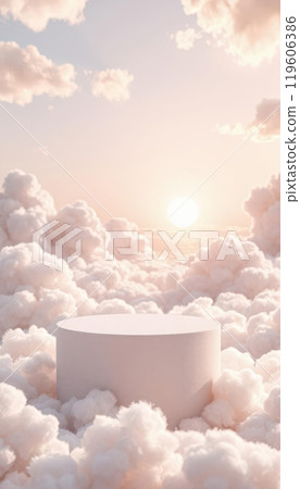 A cloud podium in a dreamy sky, perfect for serene product displays. A cloud podium in a dreamy sky, perfect for serene product displays. 119606386