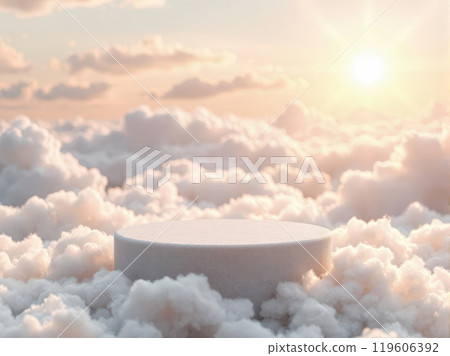 A cloud podium in a dreamy sky, perfect for serene product displays. A cloud podium in a dreamy sky, perfect for serene product displays. 119606392