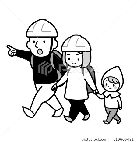 父母和孩子疏散的單色插圖 119606481