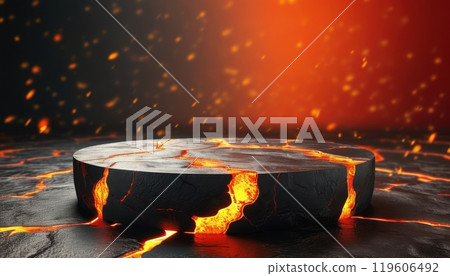 Low-profile, fiery podium perfect for dramatically showcasing hot item products 119606492