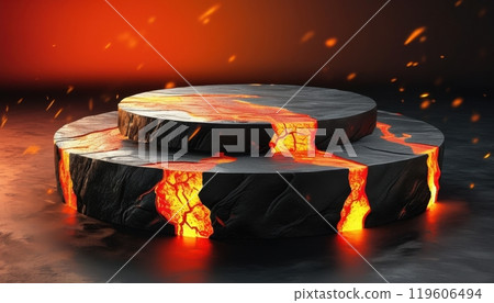 Low-profile, fiery podium perfect for dramatically showcasing hot item products 119606494