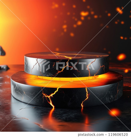 Low-profile, fiery podium perfect for dramatically showcasing hot item products 119606520