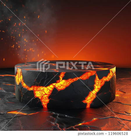Low-profile, fiery podium perfect for dramatically showcasing hot item products 119606528