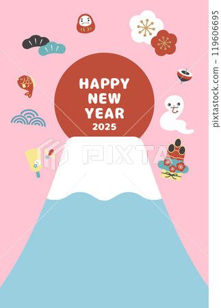 2025年新年賀卡垂直可愛的蛇和富士山插圖 2025年新年賀卡垂直可愛的蛇和富士山插圖 119606695