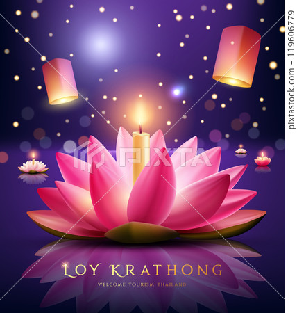 Loy krathong festival thailand, pink lotus flower, at night poster flyer design colorful bokeh  119606779
