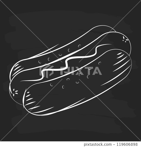Hand-drawn hot dog with bun and mustard sketch Vector Hand-drawn hot dog with bun and mustard sketch Vector 119606898