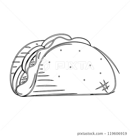 Hand-drawn taco with lettuce and meat filling sketch Vector 119606919