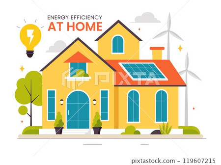 Energy Efficient at Home Vector Illustration of Smart House Technology System with Centralized Control in a Flat Style Cartoon Background 119607215