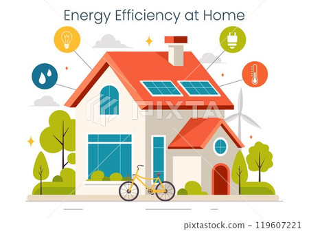 Energy Efficient at Home Vector Illustration of Smart House Technology System with Centralized Control in a Flat Style Cartoon Background 119607221