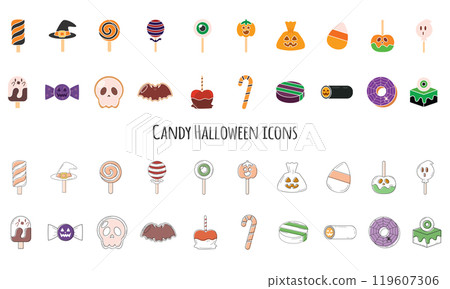 Halloween candy icons collection with spooky sweets Vector Halloween candy icons collection with spooky sweets Vector 119607306