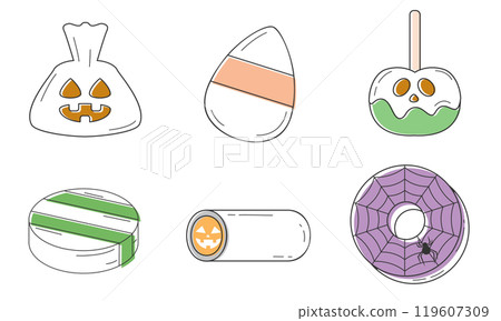 Halloween candy icons collection with spooky sweets Vector 119607309