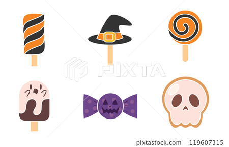 Halloween candy icons set with spooky treats Vector 119607315