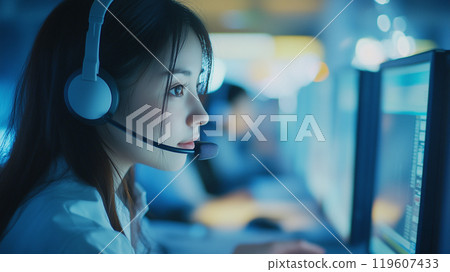 一位在客戶中心產生人工智慧工作的女性 119607433