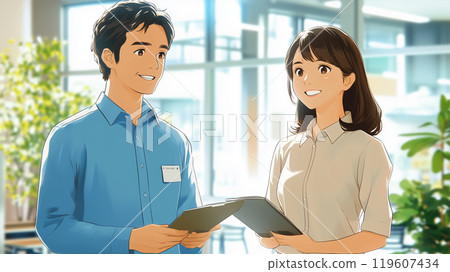 老闆和下屬在辦公室站著說話，生成人工智慧 119607434