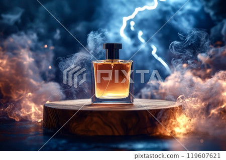 A perfume bottle without a label on a wooden pedestal, set against a backdrop of lightning, mist, and stormy clouds 119607621