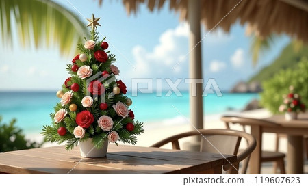 A small Christmas tree decorated with flowers and ornaments on a wooden table. Tropical beach background.  119607623