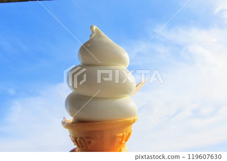 Delicious vanilla flavored soft serve ice cream 119607630