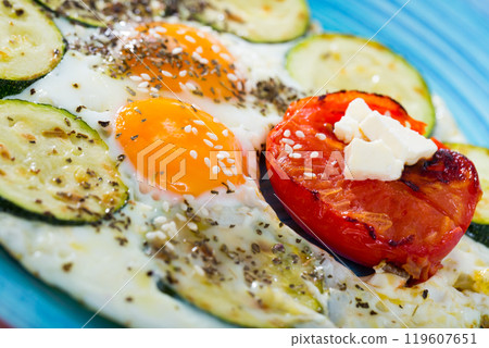 Fried eggs with zucchini and tomatoes 119607651